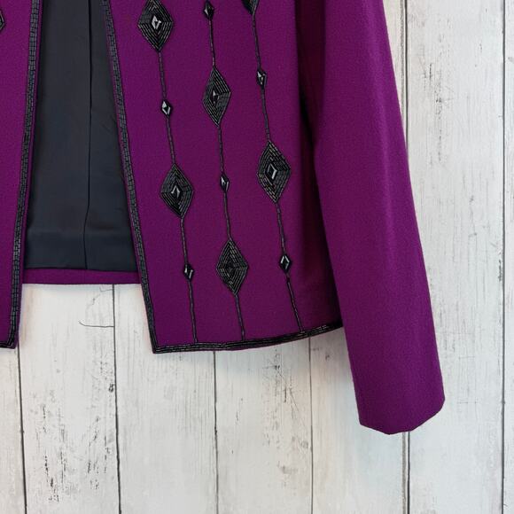 VTG Nolan Miller Purple Black Wool Embellished Beaded Jacket Skirt Outfit Set 10 - Picture 3 of 16